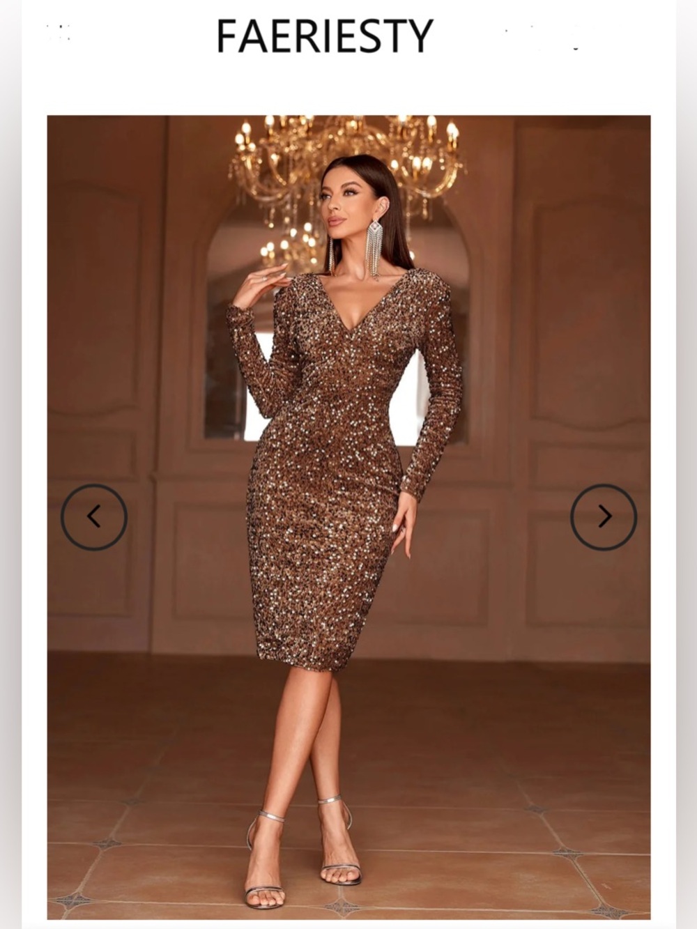Sequined V-Neck Long Sleeve Cocktail Dress in Bronze